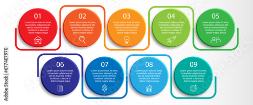 9 step 3d vector infographic, simple design with various interconnected colors, there are icons, text and symbols, good for your business presentation, concise and easy