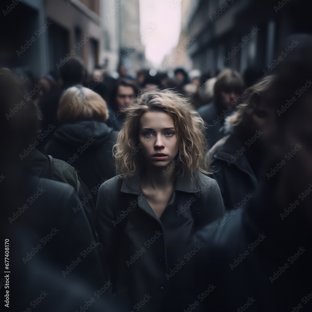 unemployed woman is standing sadly among the crowd with no where to go and jobless