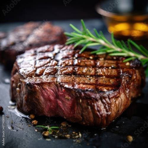 A close-up shot of a perfectly grilled steak, with grill marks and a sprinkle of sea salt for added texture, cinematic food photography