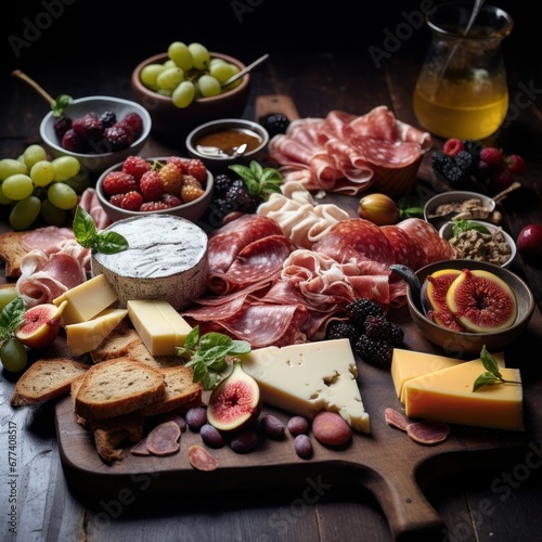 An artfully arranged charcuterie board, featuring an assortment of cured meats, cheeses, olives, and fresh fruits, cinematic food photography