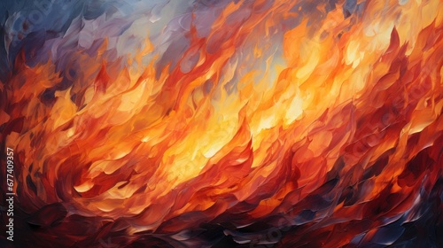 A close-up of a roaring bonfire, the flames art paint