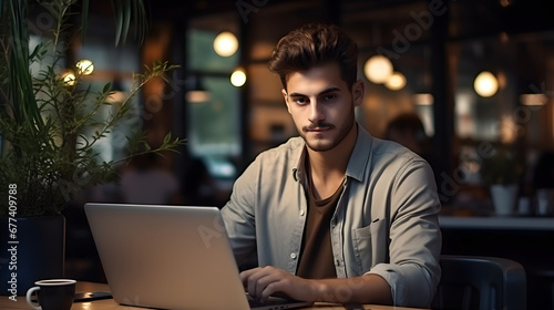 A young man, either a freelancer or a student, working on a laptop at a table in a cafe, looking at the camera,