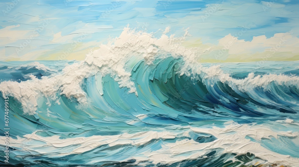A textured seascape with crashing waves and foamy crests, created using paint weaving art