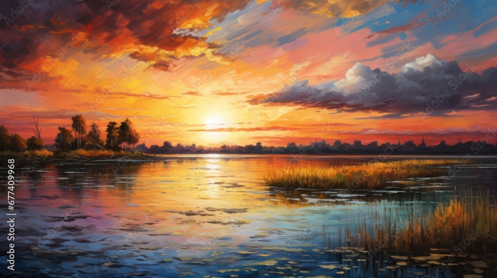 A vibrant sunset over a tranquil lake, where the colors blend and merge in an paint brush art