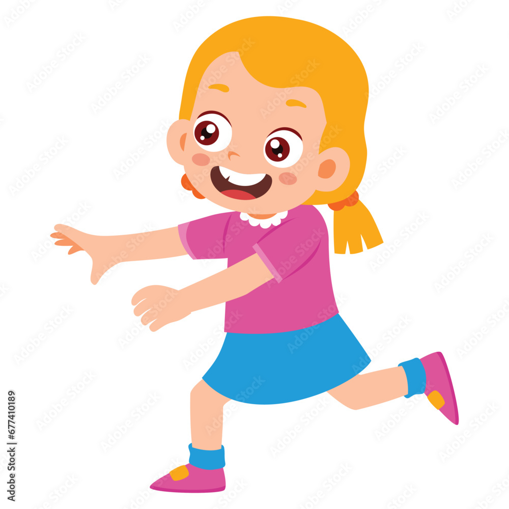 Cute Kids having fun playing catch-up and tag game. Preschool girl running fast and chasing boy. Active healthy childhood, Diversity Kindergarten. vector illustration