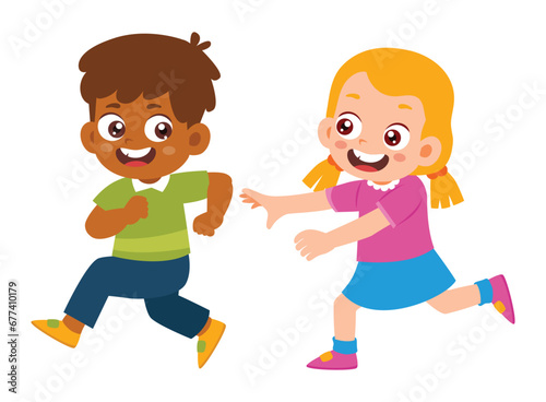 Cute Kids having fun playing catch-up and tag game. Preschool girl running fast and chasing boy. Active healthy childhood, Diversity Kindergarten. vector illustration