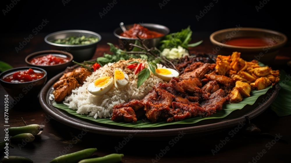 An artistic capture of an authentic Indonesian nasi campur, showcasing a variety of dishes like ayam betutu