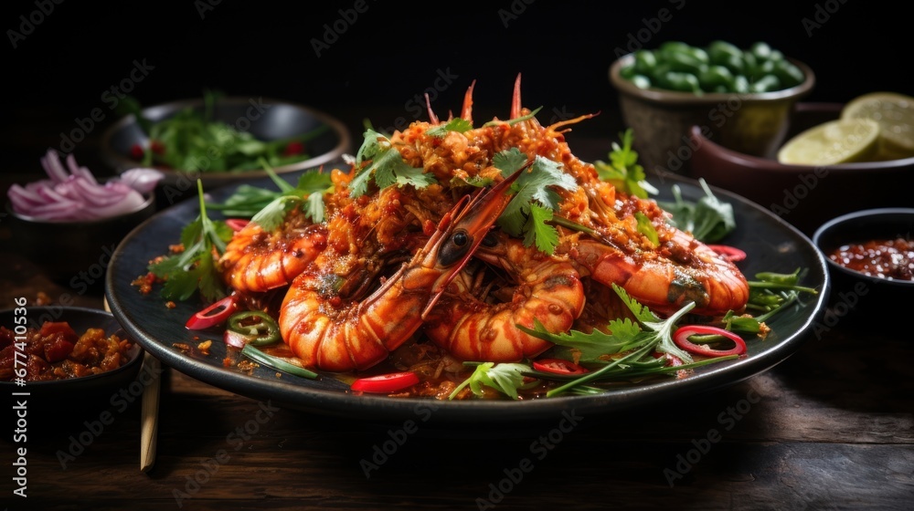 An artistic capture of a plate of sambal udang, showcasing succulent prawns cooked in a spicy chili sauce, garnished with fresh herbs