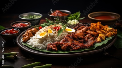 An artistic capture of an authentic Indonesian nasi campur, showcasing a variety of dishes like ayam betutu