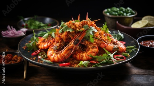 An artistic capture of a plate of sambal udang, showcasing succulent prawns cooked in a spicy chili sauce, garnished with fresh herbs