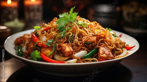 An enticing close-up of a plate of bakmi goreng, with stir-fried noodles, vegetables, and a choice of chicken or shrimp