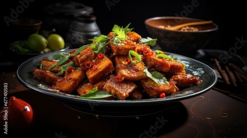 An enticing close-up of a plate of sambal goreng tempe, showcasing the crispy fried tempeh cooked in a spicy chili sauce photo