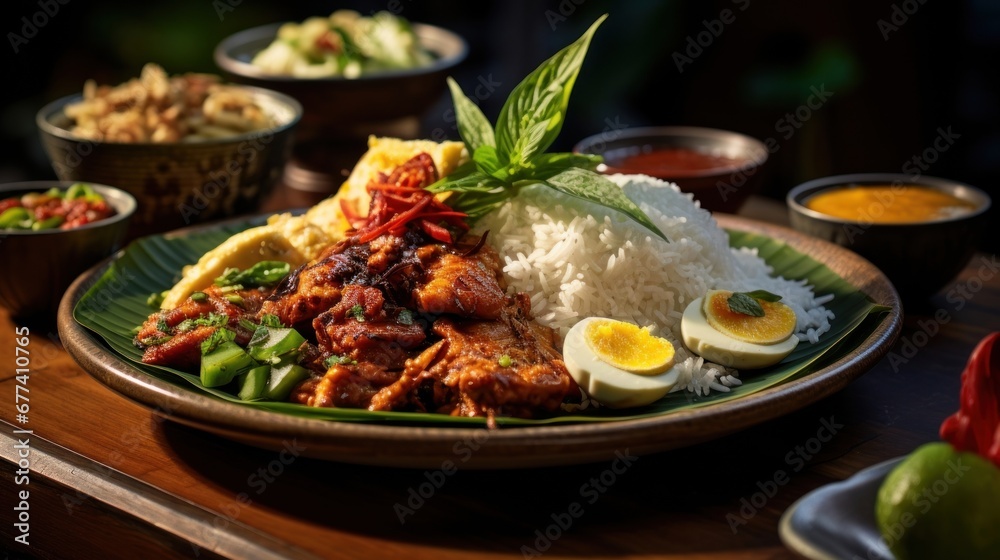 An enticing shot of a colorful and fragrant plate of nasi uduk, featuring aromatic coconut rice served with various flavorful side dishes An enticing shot of a colorful and fragrant plate of nasi uduk, featuring aromatic coconut rice served with various flavorful side dishes