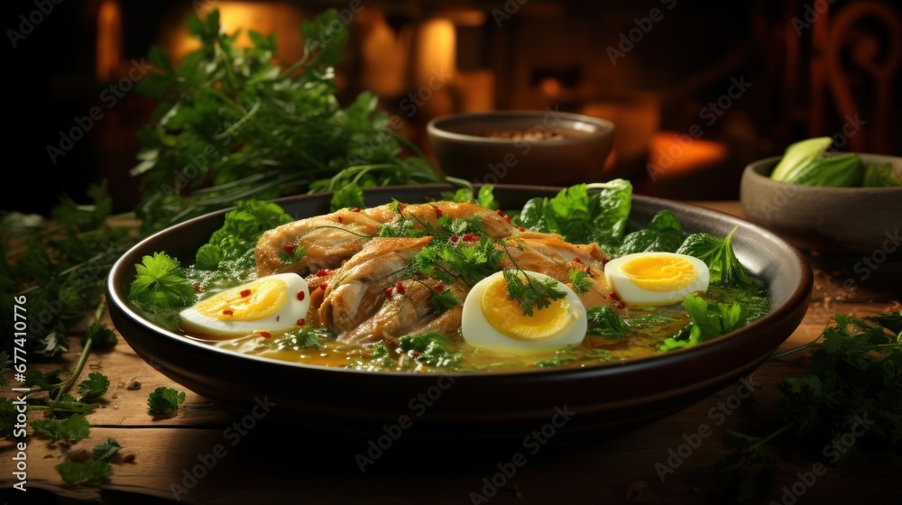 An enticing shot of a plate of soto ayam, with its golden broth, tender chicken pieces, and aromatic herbs An enticing shot of a plate of soto ayam, with its golden broth, tender chicken pieces, and aromatic herbs