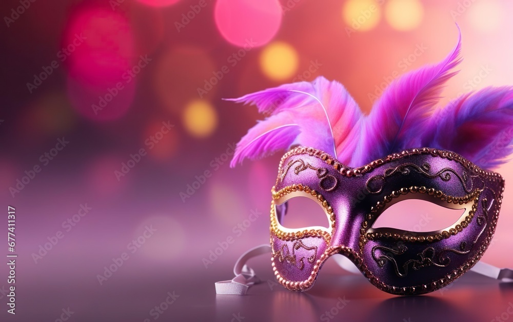 Happy Mardi Gras poster. Banner template with a photorealistic Venetian carnival mask, feathers, on blurred pink background. Costume party flyer. Copy space at the left. Bokeh de focus. AI Generative