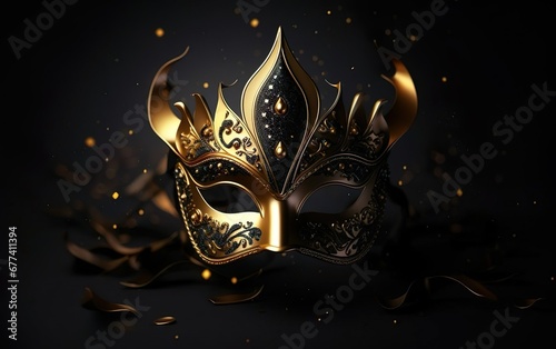 Happy Mardi Gras poster. Banner template with a photorealistic golden Venetian carnival mask in the center, faded on black background, copy space. Costume party flyer for masquerades. AI Generative