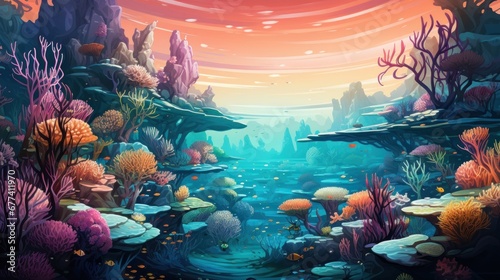 An enchanting underwater illustration with intricate lines capturing the colorful coral reefs and marine life