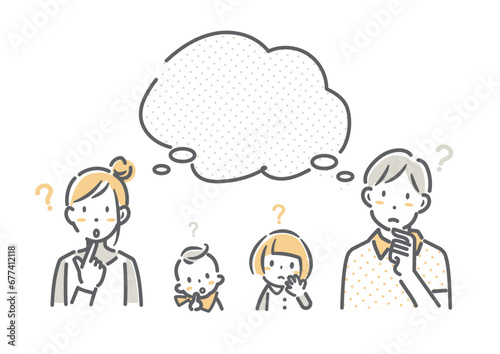 考える若い4人家族　シンプルでお洒落な線画イラスト