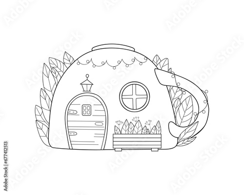 Coloring book page. Fairy tale cup house. Children's vector illustration.	