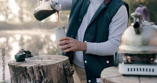 Hands, coffee and brew for camping, outdoor and closeup to start morning in woods, forrest or nature adventure. Person, pouring drink and kettle for matcha by lake, holiday or vacation in countryside