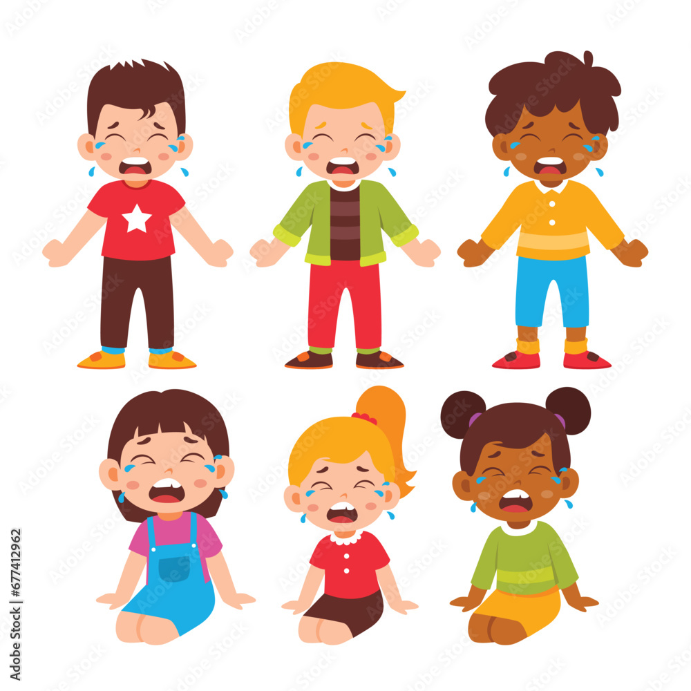 Group of Little Kid Crying Pose Collection. Children Tantrum and Feeling Sad Emotional Expression Tears. Unhappy Activity Isolated Element Objects. Flat Style Icon Vector Illustration Group of Little Kid Crying Pose Collection. Children Tantrum and Feeling Sad Emotional Expression Tears. Unhappy Activity Isolated Element Objects. Flat Style Icon Vector Illustration