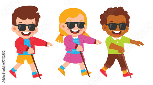 Group of Cute little kids blind disabled using glasses and stick. Kids Disability Concept. Disabled Children Characters. Active healthy childhood, Diversity Kindergarten. vector illustration