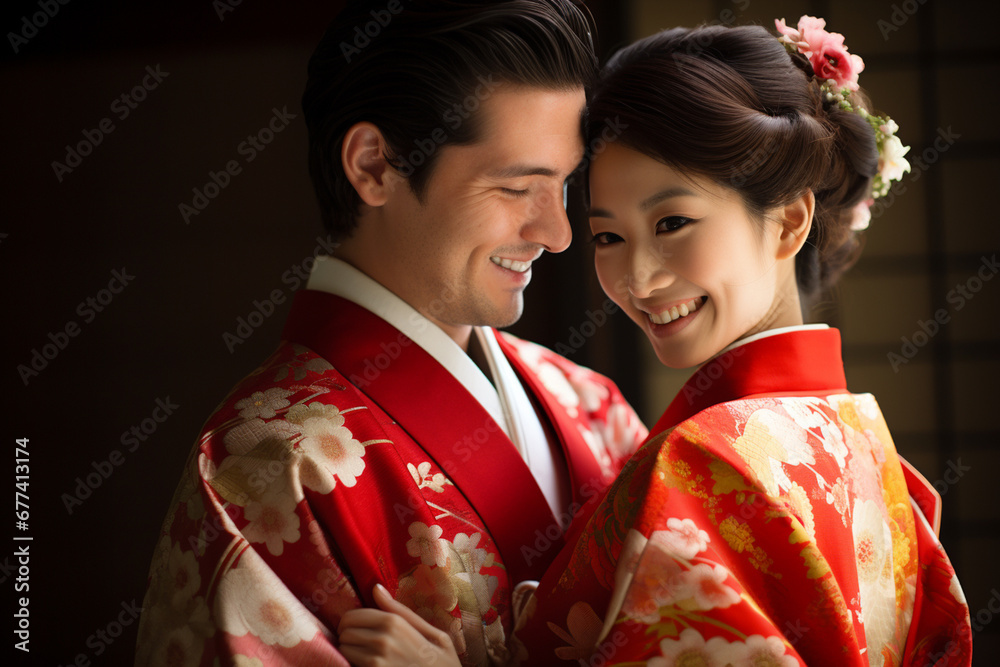 married japanese couple smiling posing together in traditional clothing kimono and hakama bokeh style background married japanese couple smiling posing together in traditional clothing kimono and hakama bokeh style background