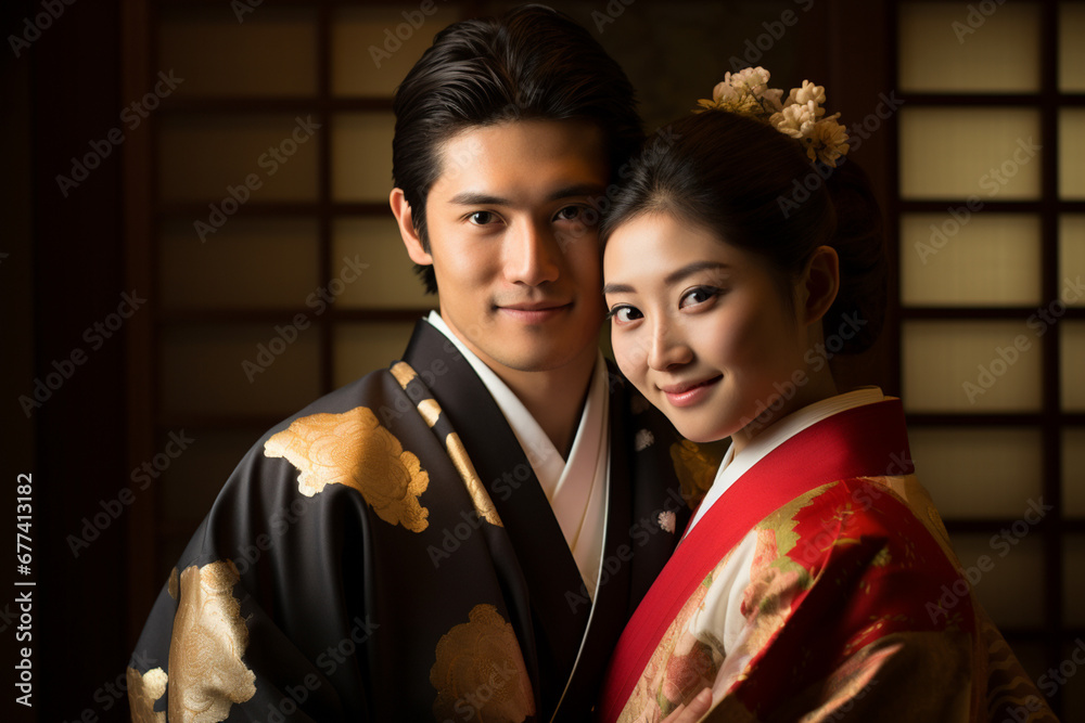 married japanese couple smiling posing together in traditional clothing kimono and hakama bokeh style background married japanese couple smiling posing together in traditional clothing kimono and hakama bokeh style background