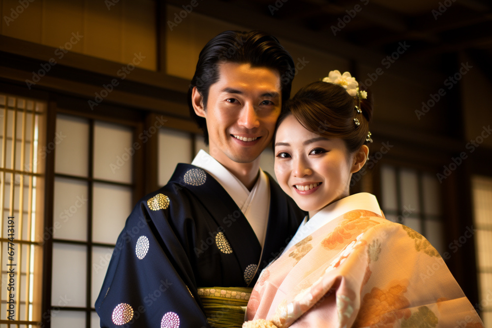 married japanese couple smiling posing together in traditional clothing kimono and hakama bokeh style background