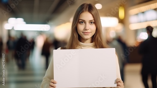 Young pretty girl standing with a blank placard in arrival area at airport.