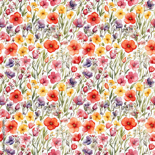 Seamless pattern with spring flowers and leaves on white background. Elegant floral wallpaper. Colorful bright design for textile, fabric, print, wrapping, wall art.
