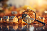 Looking for a new house to buy or rent, with a focus on the rental housing market, using a magnifying glass near a residential building,