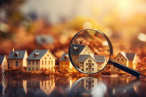 Looking for a new house to buy or rent, with a focus on the rental housing market, using a magnifying glass near a residential building, © Ash