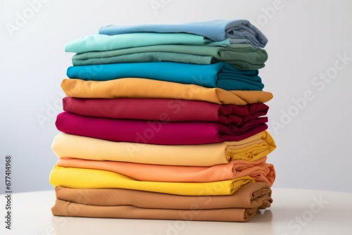 Colorful clothes stacked on a white surface