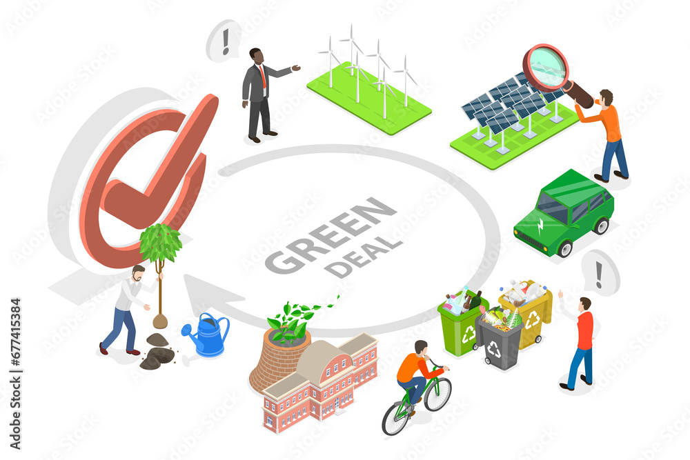 3D Isometric Flat  Conceptual Illustration of Green Deal or Policy Agreement, Nature Protecting Plan Outline