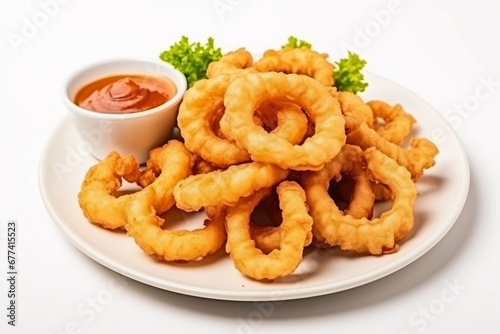 Fried squid or onion rings on white background