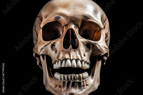 Frontal view of human skull with open mouth reflecting on black background
