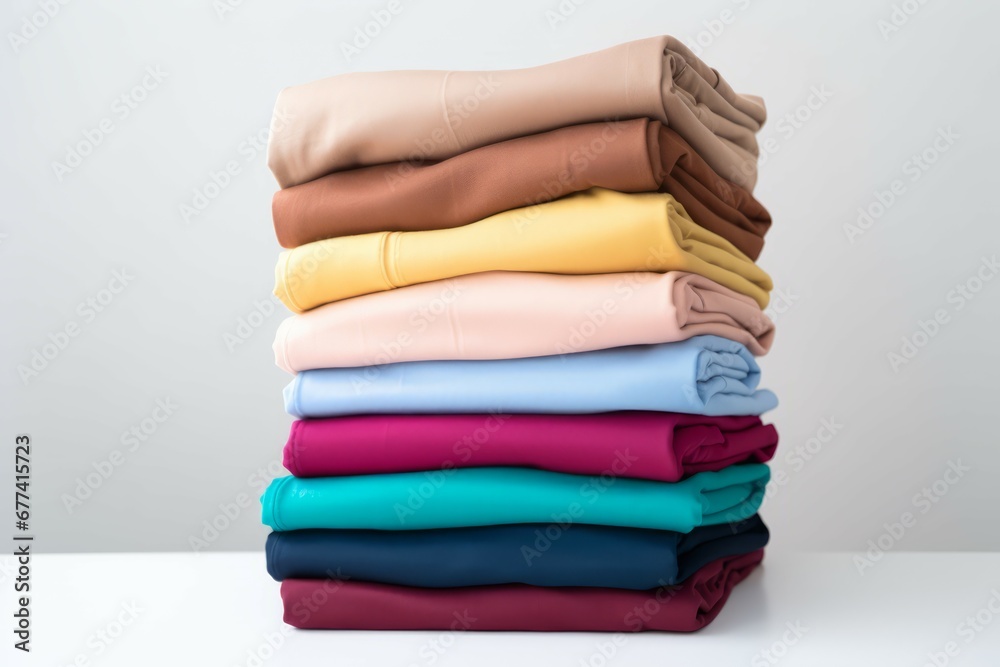 Colorful clothes stacked on a white surface Colorful clothes stacked on a white surface
