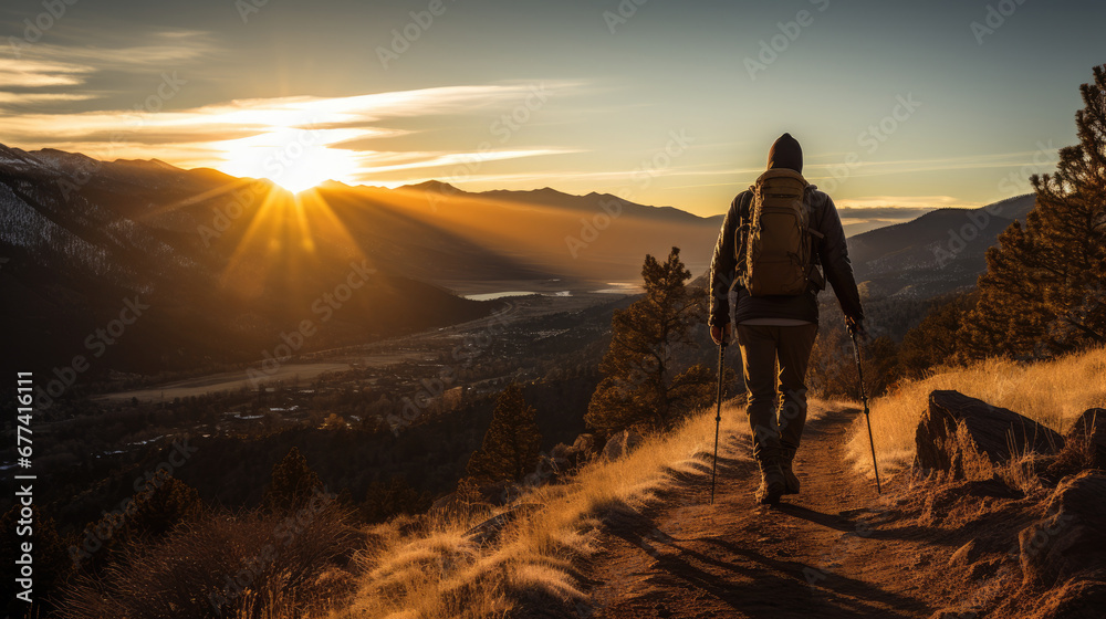 Lone backpacker hiking a trail with sun rising in the distance