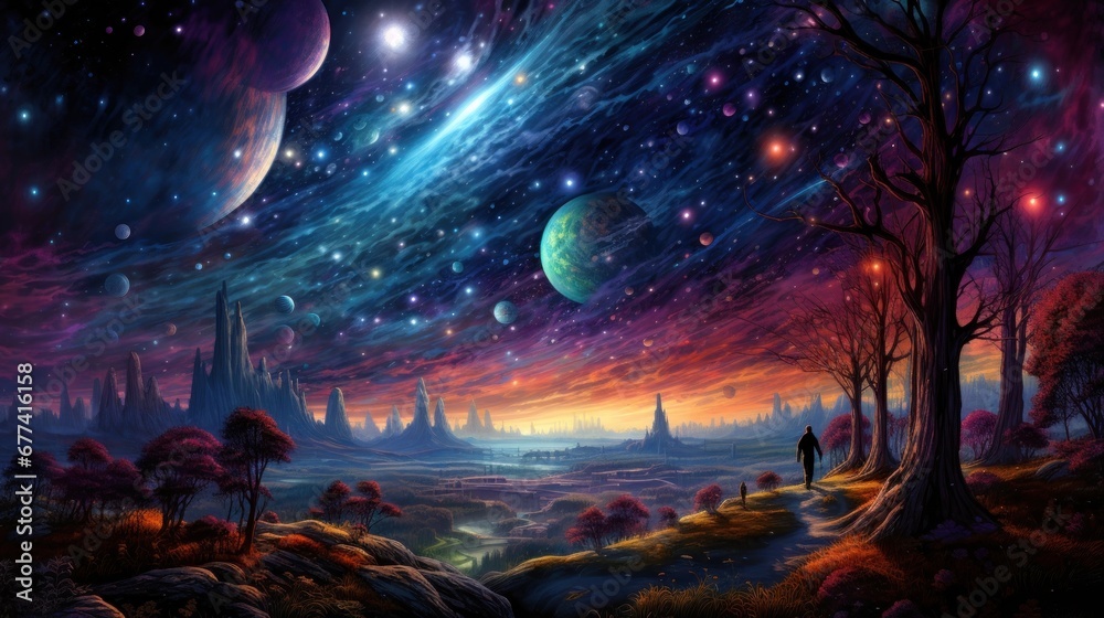 A surreal cosmic dreamscape of swirling galaxies, celestial beings, and a vibrant cosmic tapestry of psychedelic colors