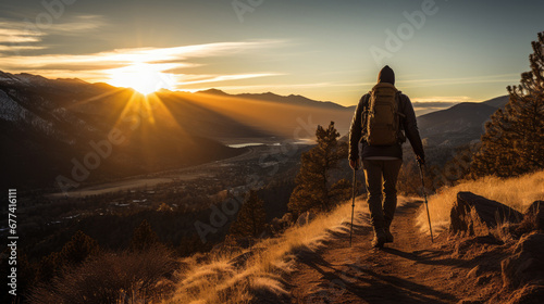 Lone backpacker hiking a trail with sun rising in the distance