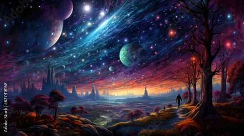 A surreal cosmic dreamscape of swirling galaxies, celestial beings, and a vibrant cosmic tapestry of psychedelic colors