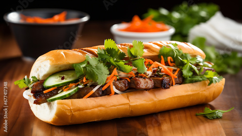 Vietnam's traditional food, tasty Banh Mi with vegetables on a wooden board, closeup. AI Generative