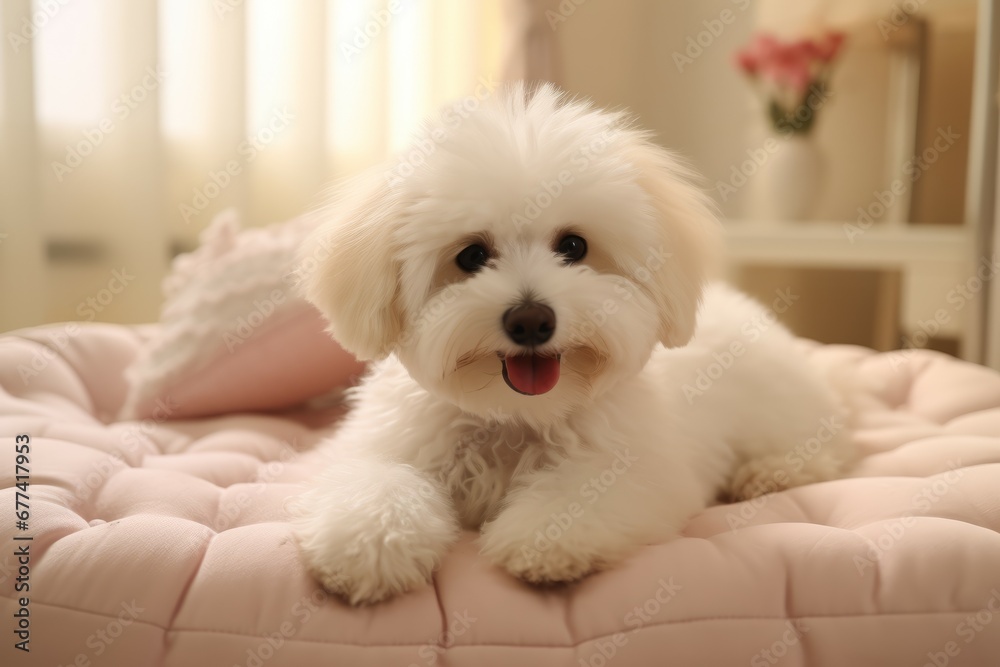 Emotion filled puppy adorably grooming on a stylish bed Emotion filled puppy adorably grooming on a stylish bed