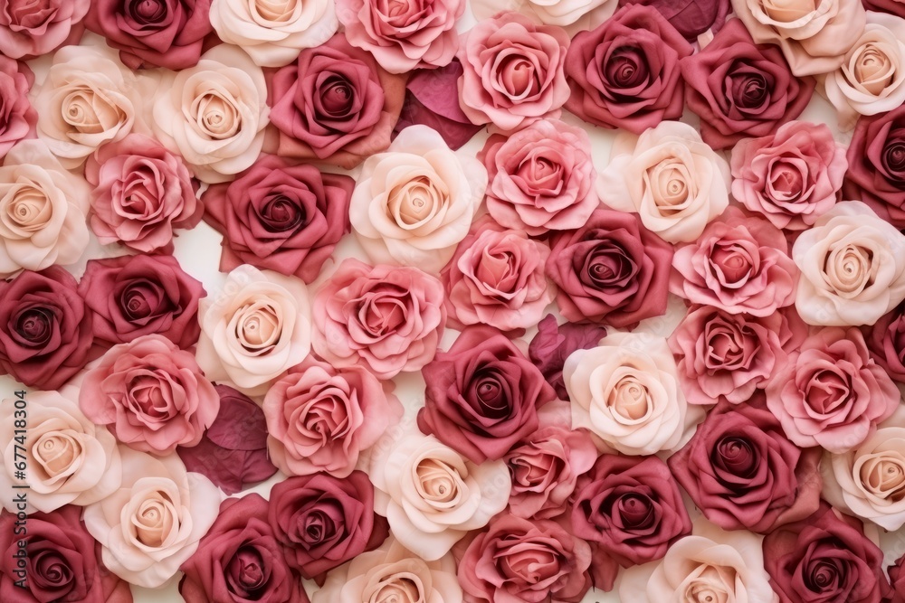 Dry rose flowers arranged in a top view pattern flat on a surface Dry rose flowers arranged in a top view pattern flat on a surface