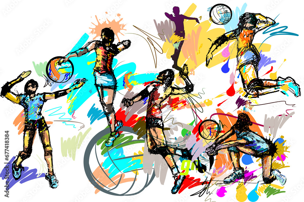 Action hit volleyball and brush strokes style sport art