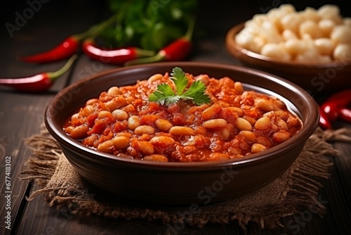 Dried white beans with tomato paste served on a wooden background
