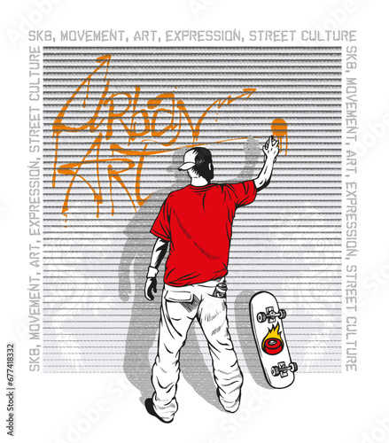 Handmade vector illustration of street artist making graffiti with text related to skateboarding.