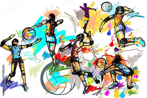 Action hit volleyball and brush strokes style sport art