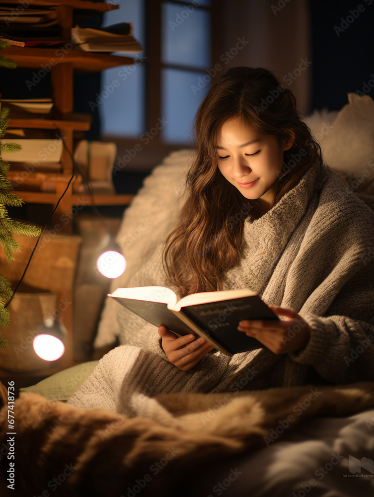Young woman reading book in the living room at night Young woman reading book in the living room at night